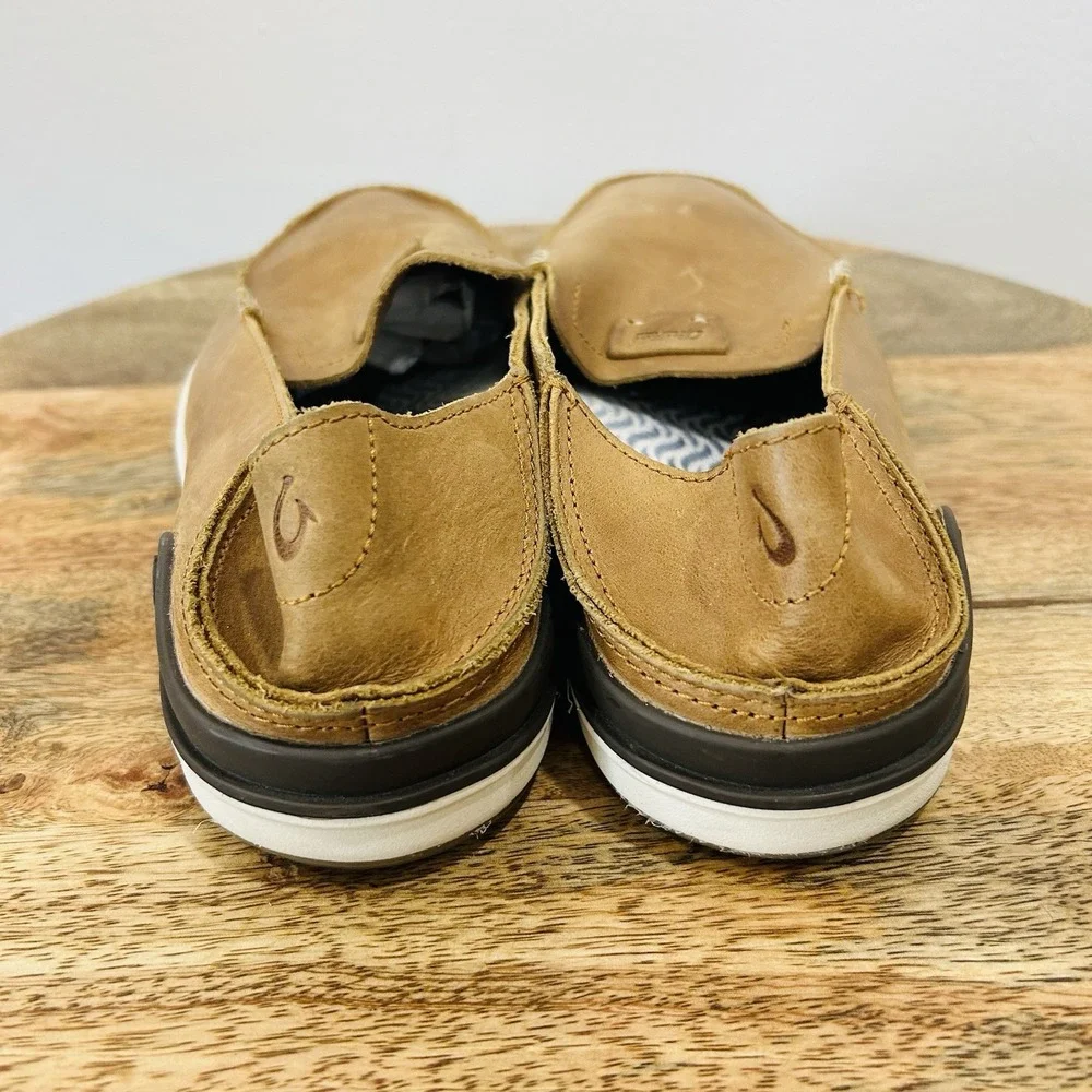 OluKai Kakaha Men's 13 Brown Leather Slip On Loafers Casual Comfort Boat Shoes